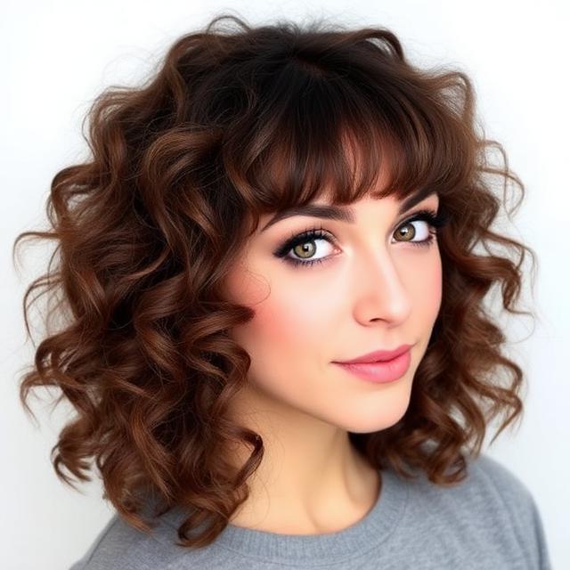 Medium Curly Hair with Curtain Bangs