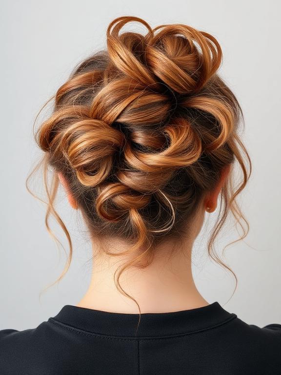 A loose bun with tendrils curly hair