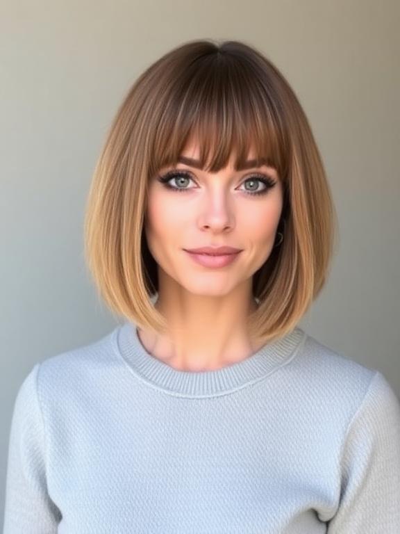 Short bob haircut with curtain bangs for women