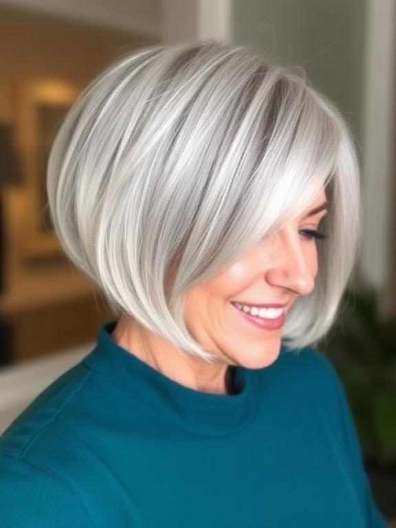 short silver bob hairstyle for women over 50