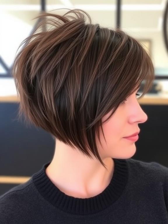 Textured pixie haircut with long bangs for women