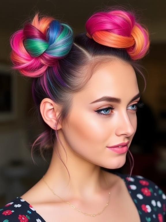 Colorful Space Buns hairstyle