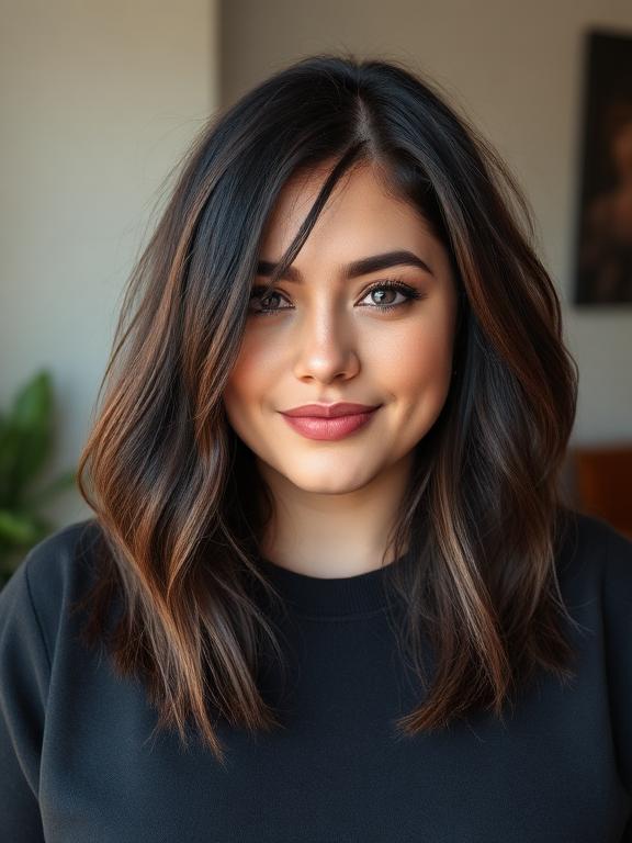 chubby face Brunette Textured Long bob