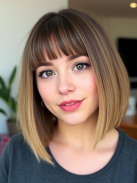 chubby face razor cut Long bob