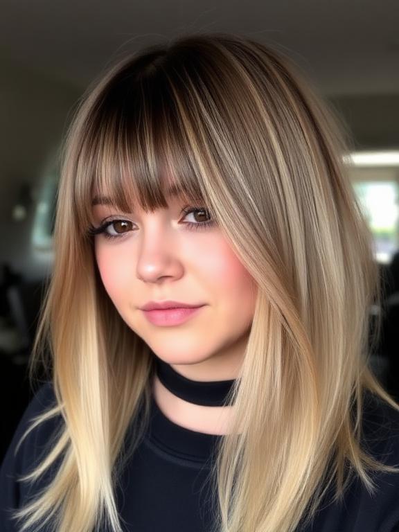 chubby face with Long Bob Money Piece Highlights