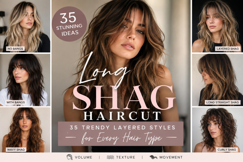 Long shag haircut with textured layers and soft curtain bangs.