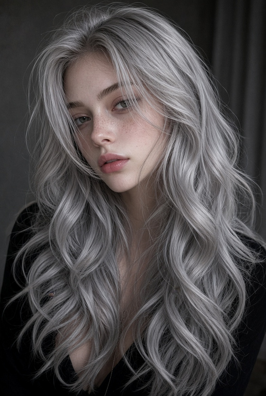 Long Silver Wavy Hair