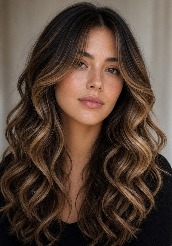 Long Wavy Hair With Curtain Bangs and Balayage