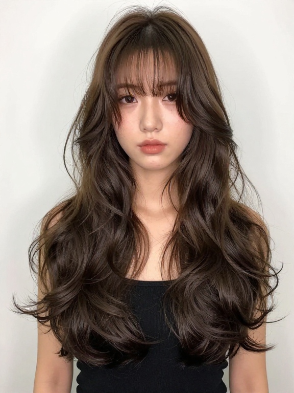 Long Wavy Hair With Side-Swept Bangs